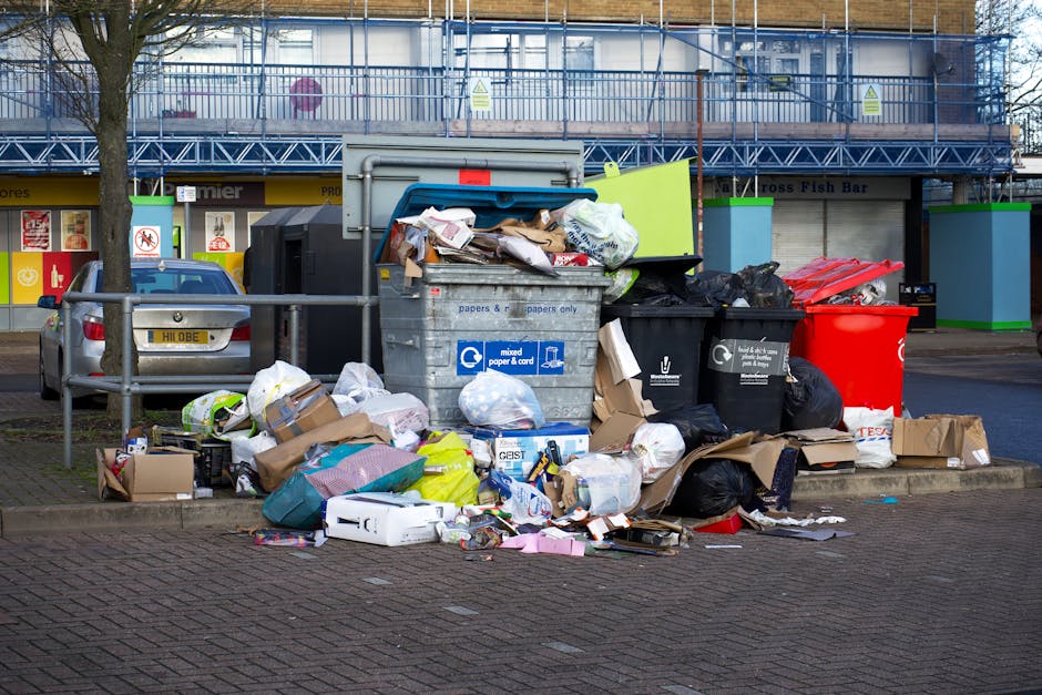 An outdoor scene showing multiple overflowing waste collection containers and bins situated on a paved area adjacent to a parking lot. The central grey recycling bin labeled for mixed paper and cardboard is open, with cardboard boxes, paper bags, and flattened cartons spilling onto the ground around it. To its right, there is a black bin and a red bin, both filled to capacity with black rubbish bags and assorted waste. Additional cardboard boxes and plastic bags are piled on the ground, some torn and scattered, contributing to a cluttered appearance. In the background, a building with a blue metal scaffolding and a row of small shops or commercial units with closed shutters are visible, along with a parked vehicle behind a metal barrier. Leafless trees line the edge of the scene, and the lighting suggests an overcast day, emphasizing the disorderly state of the rubbish. This scene illustrates an example of waste accumulation that could be managed through private rubbish removal services like those offered by Rubbish Clearance Clapham, supporting cleaner, more efficient rubbish disposal practices around residential and commercial areas.