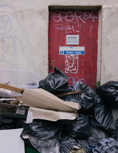 An outdoor scene showing multiple overflowing waste collection containers and bins situated on a paved area adjacent to a parking lot. The central grey recycling bin labeled for mixed paper and cardboard is open, with cardboard boxes, paper bags, and flattened cartons spilling onto the ground around it. To its right, there is a black bin and a red bin, both filled to capacity with black rubbish bags and assorted waste. Additional cardboard boxes and plastic bags are piled on the ground, some torn and scattered, contributing to a cluttered appearance. In the background, a building with a blue metal scaffolding and a row of small shops or commercial units with closed shutters are visible, along with a parked vehicle behind a metal barrier. Leafless trees line the edge of the scene, and the lighting suggests an overcast day, emphasizing the disorderly state of the rubbish. This scene illustrates an example of waste accumulation that could be managed through private rubbish removal services like those offered by Rubbish Clearance Clapham, supporting cleaner, more efficient rubbish disposal practices around residential and commercial areas.